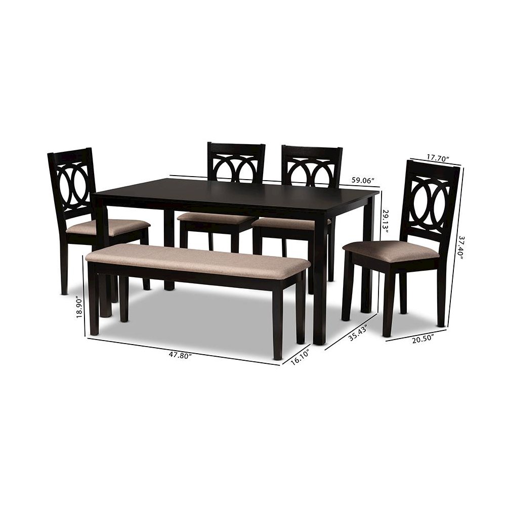Sand Fabric Upholstered and Dark Brown Finished Wood 6-Piece Dining Set. Picture 9