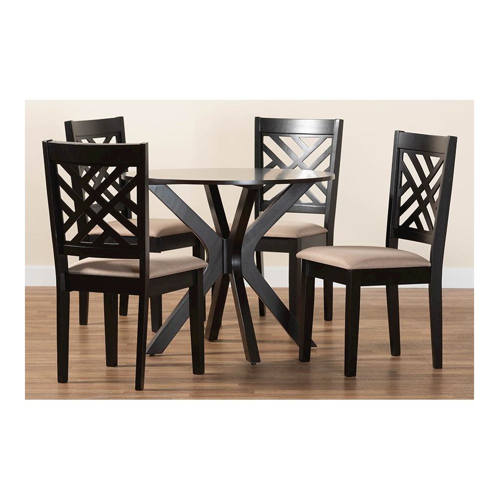 Norah Modern Sand Fabric and Dark Brown Finished Wood 5-Piece Dining Set. Picture 9
