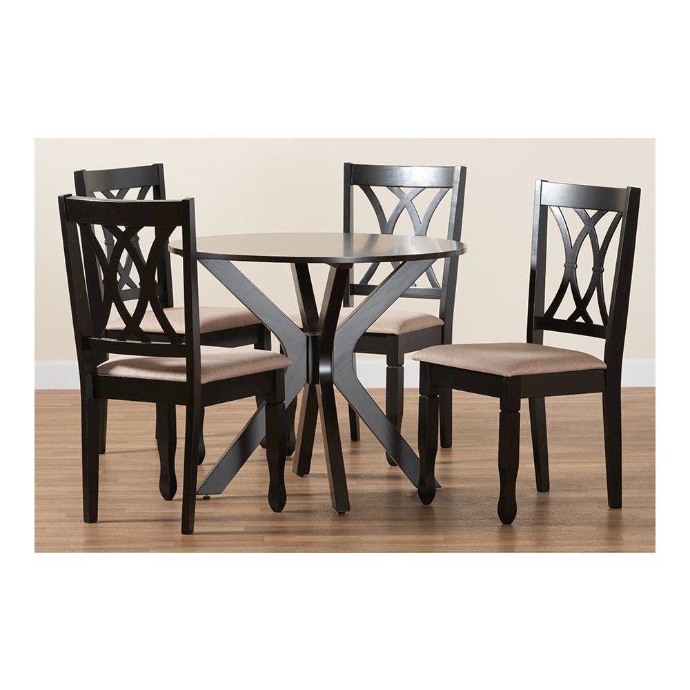 Maya Modern Beige Fabric and Espresso Brown Finished Wood 5-Piece Dining Set. Picture 9