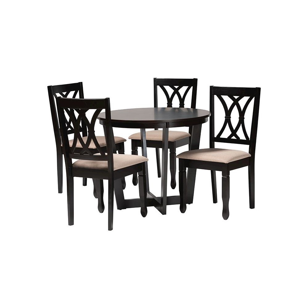 Aggie Modern Sand Fabric and Dark Brown Finished Wood 5-Piece Dining Set. Picture 1