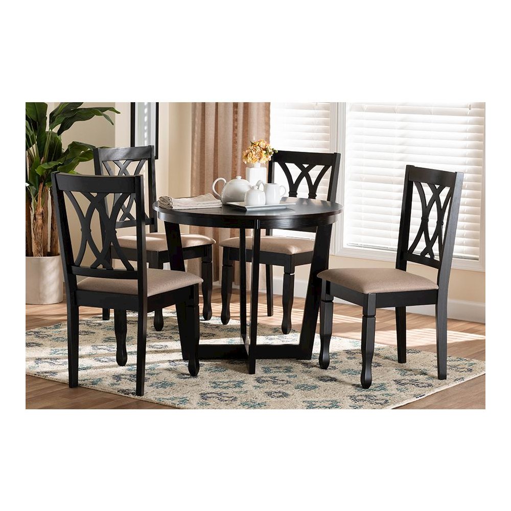 Aggie Modern Sand Fabric and Dark Brown Finished Wood 5-Piece Dining Set. Picture 8