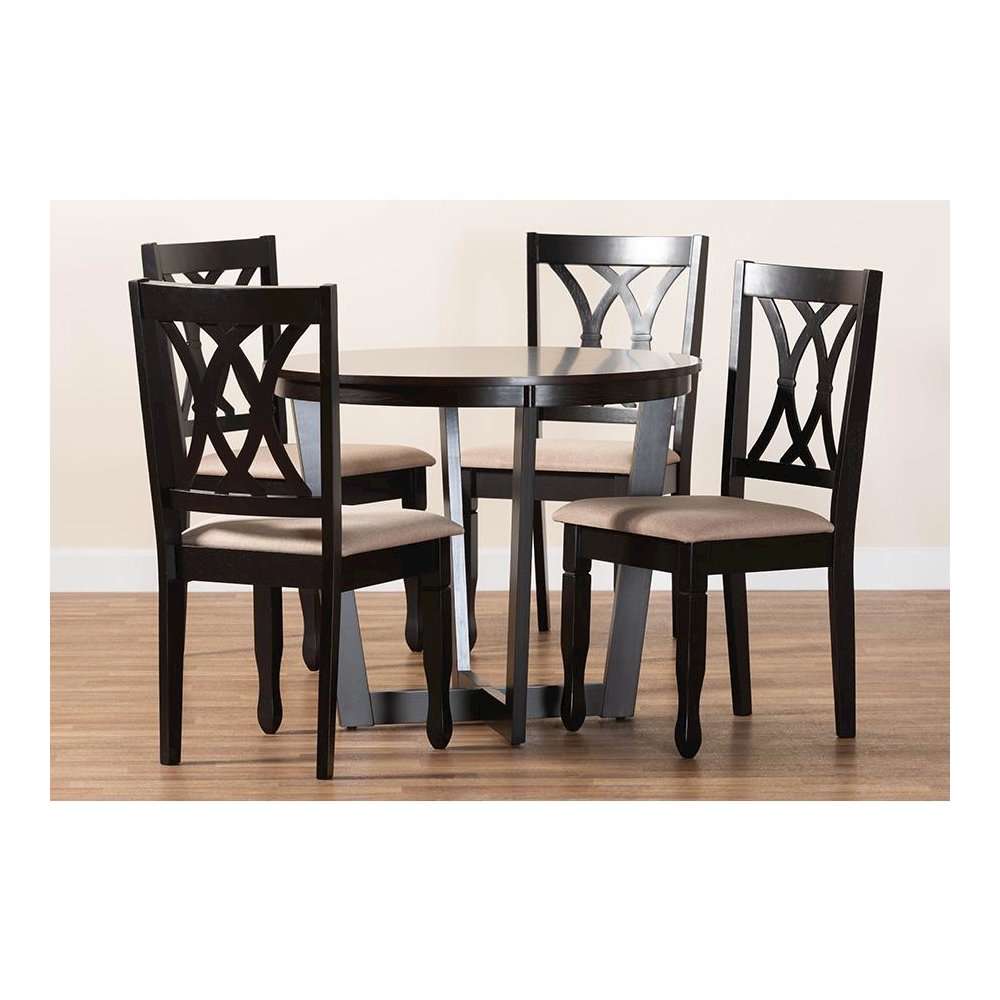 Aggie Modern Sand Fabric and Dark Brown Finished Wood 5-Piece Dining Set. Picture 9