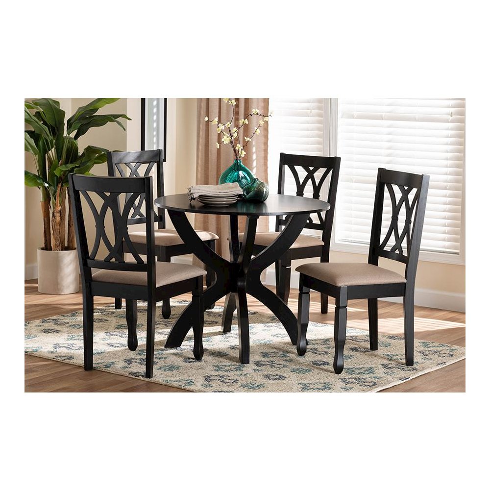 April Modern Sand Fabric and Dark Brown Finished Wood 5-Piece Dining Set. Picture 8