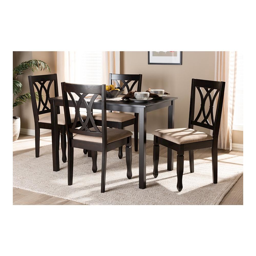 Sand Fabric Upholstered Espresso Brown Finished Wood 5-Piece Dining Set. Picture 3
