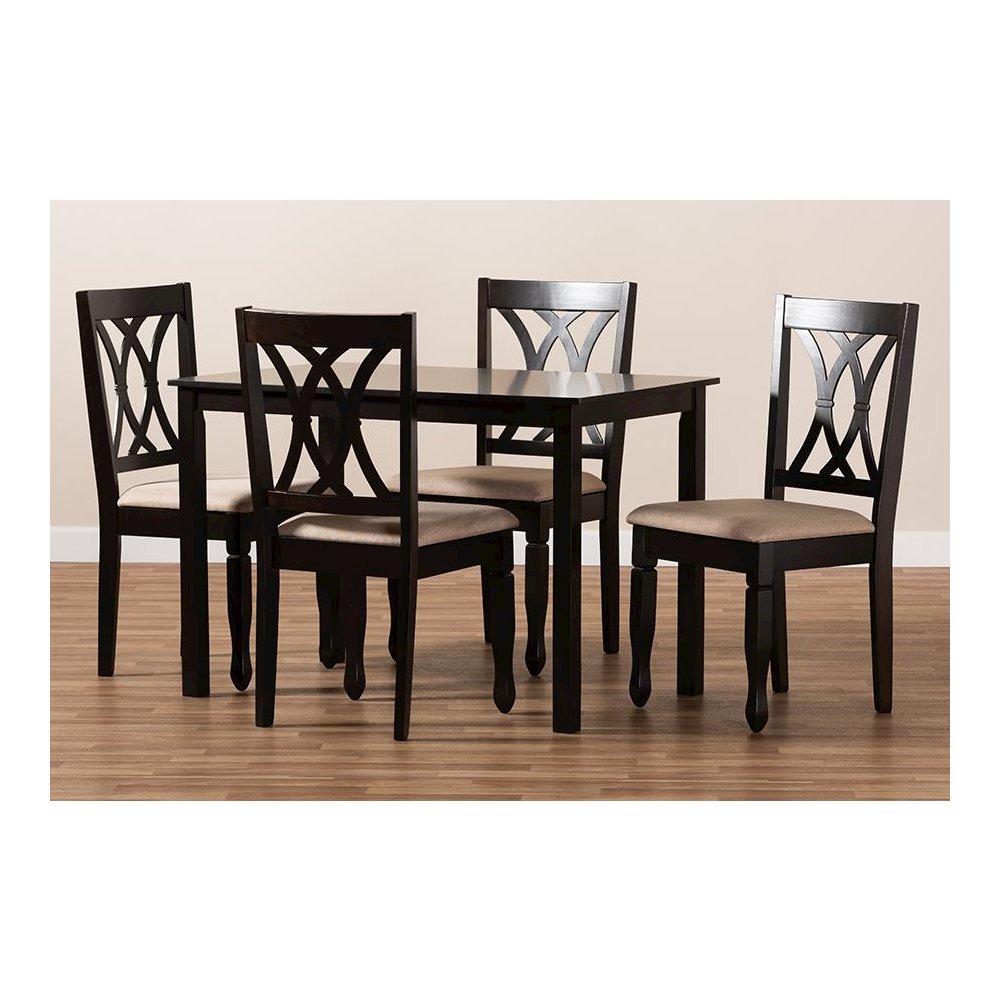 Sand Fabric Upholstered Espresso Brown Finished Wood 5-Piece Dining Set. Picture 4