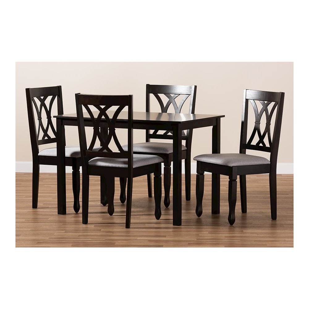 Gray Fabric Upholstered Espresso Brown Finished Wood 5-Piece Dining Set. Picture 4