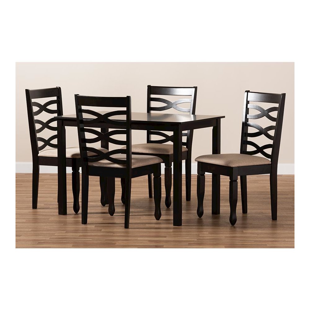 Sand Fabric Upholstered Espresso Brown Finished Wood 5-Piece Dining Set. Picture 4
