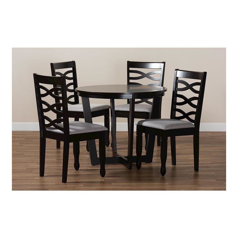 Grey Fabric Upholstered and Dark Brown Finished Wood 5-Piece Dining Set. Picture 8