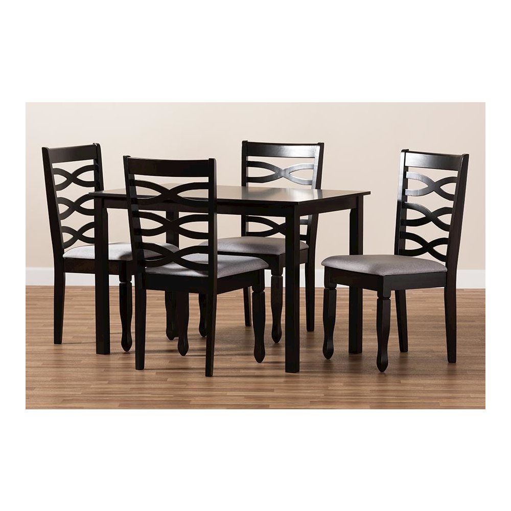 Gray Fabric Upholstered Espresso Brown Finished Wood 5-Piece Dining Set. Picture 4