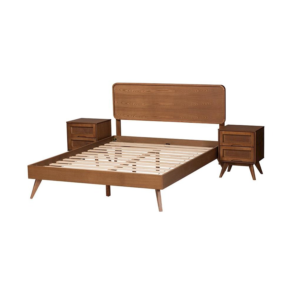 Mid-Century Modern Walnut Brown Finished Wood Full Size 3-Piece Bedroom Set. Picture 2