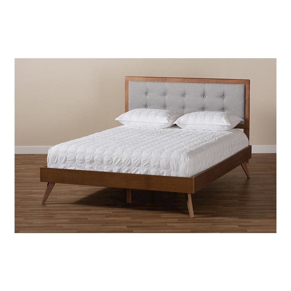 Light Grey Fabric Upholstered Walnut Brown Finished Wood Full Size Platform Bed. Picture 7