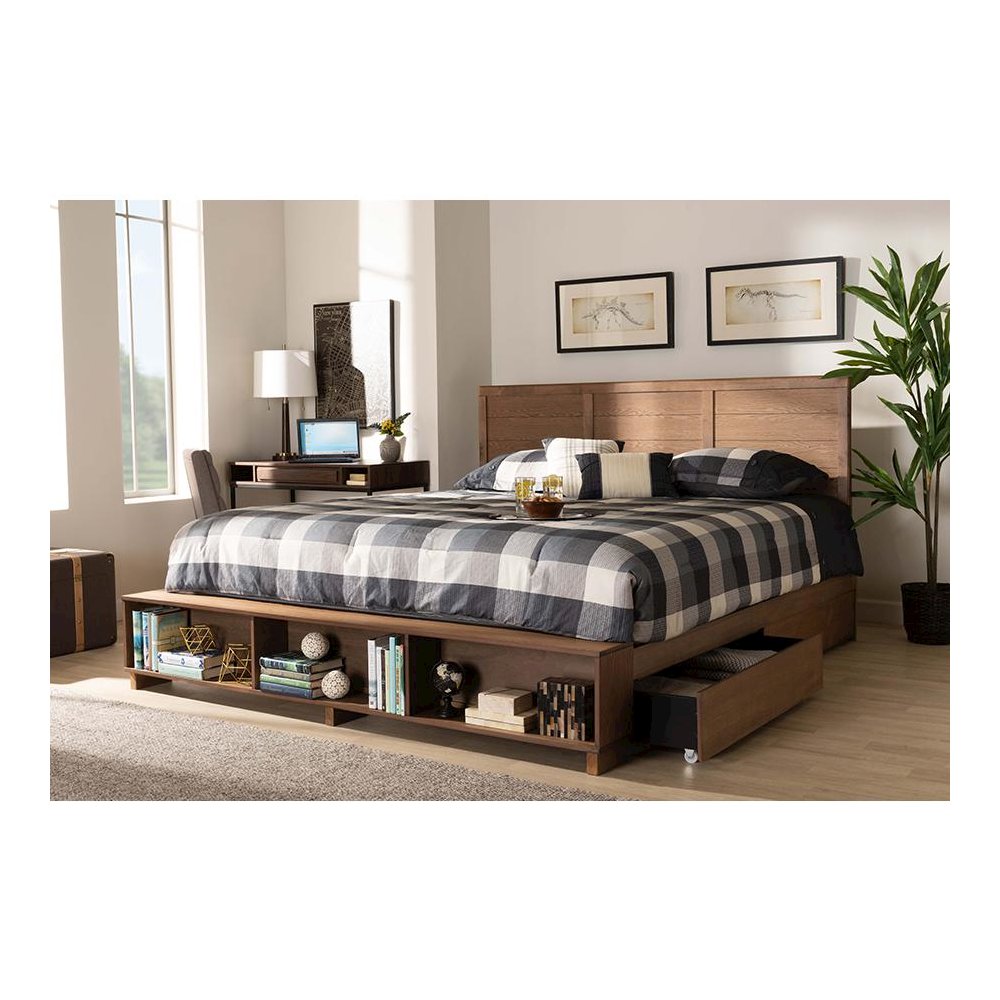 Wood King Size 4-Drawer Platform Storage Bed with Built-In Shelves. Picture 10