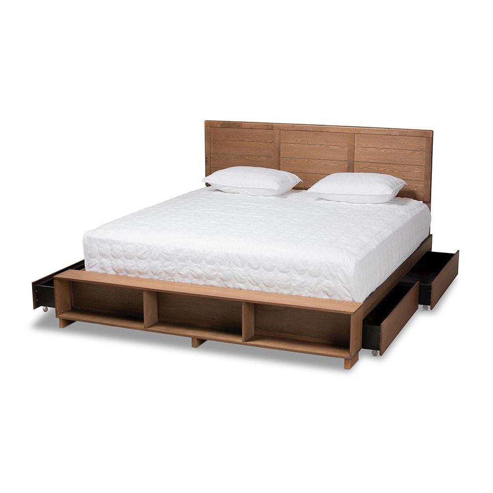 Wood King Size 4-Drawer Platform Storage Bed with Built-In Shelves. Picture 2
