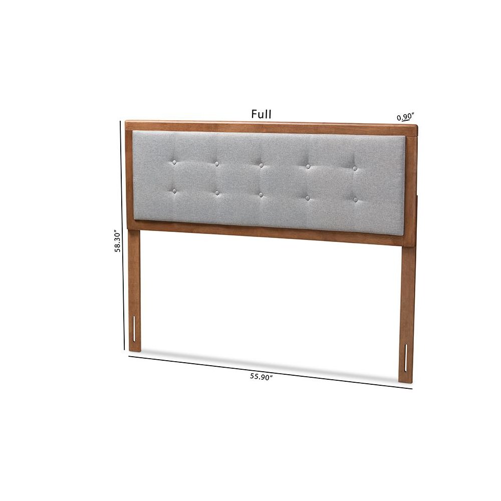Light Grey Fabric Upholstered Walnut Brown Finished Wood Full Size Headboard. Picture 6
