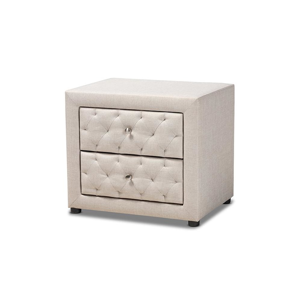 Light Beige Fabric Upholstered 2-Drawer Wood Nightstand. Picture 1