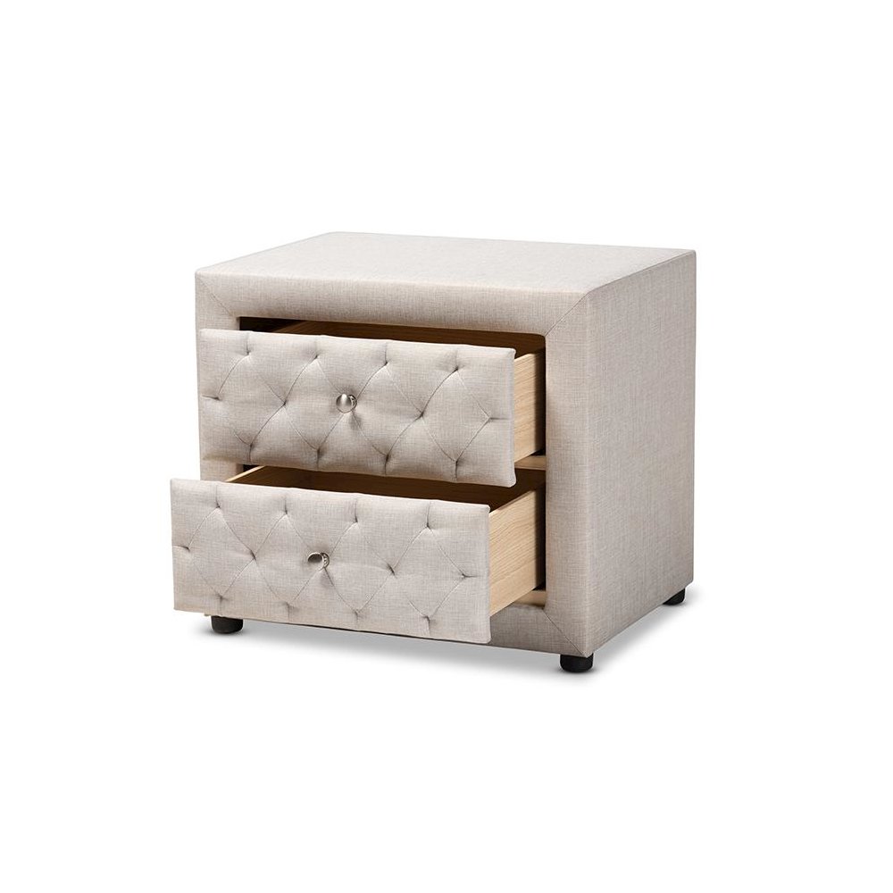 Light Beige Fabric Upholstered 2-Drawer Wood Nightstand. Picture 2