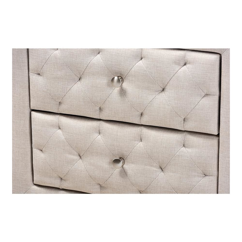 Light Beige Fabric Upholstered 2-Drawer Wood Nightstand. Picture 5