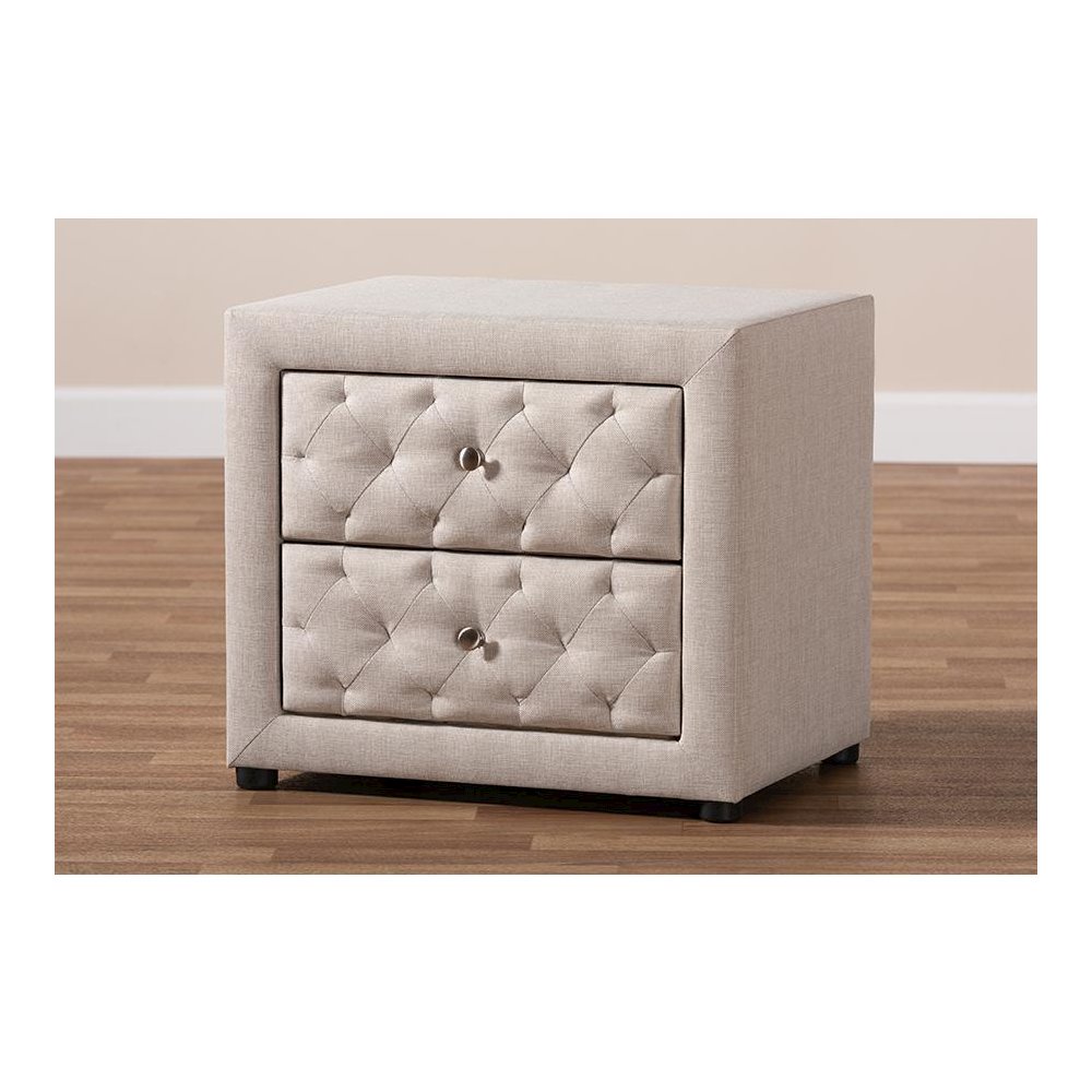 Light Beige Fabric Upholstered 2-Drawer Wood Nightstand. Picture 7