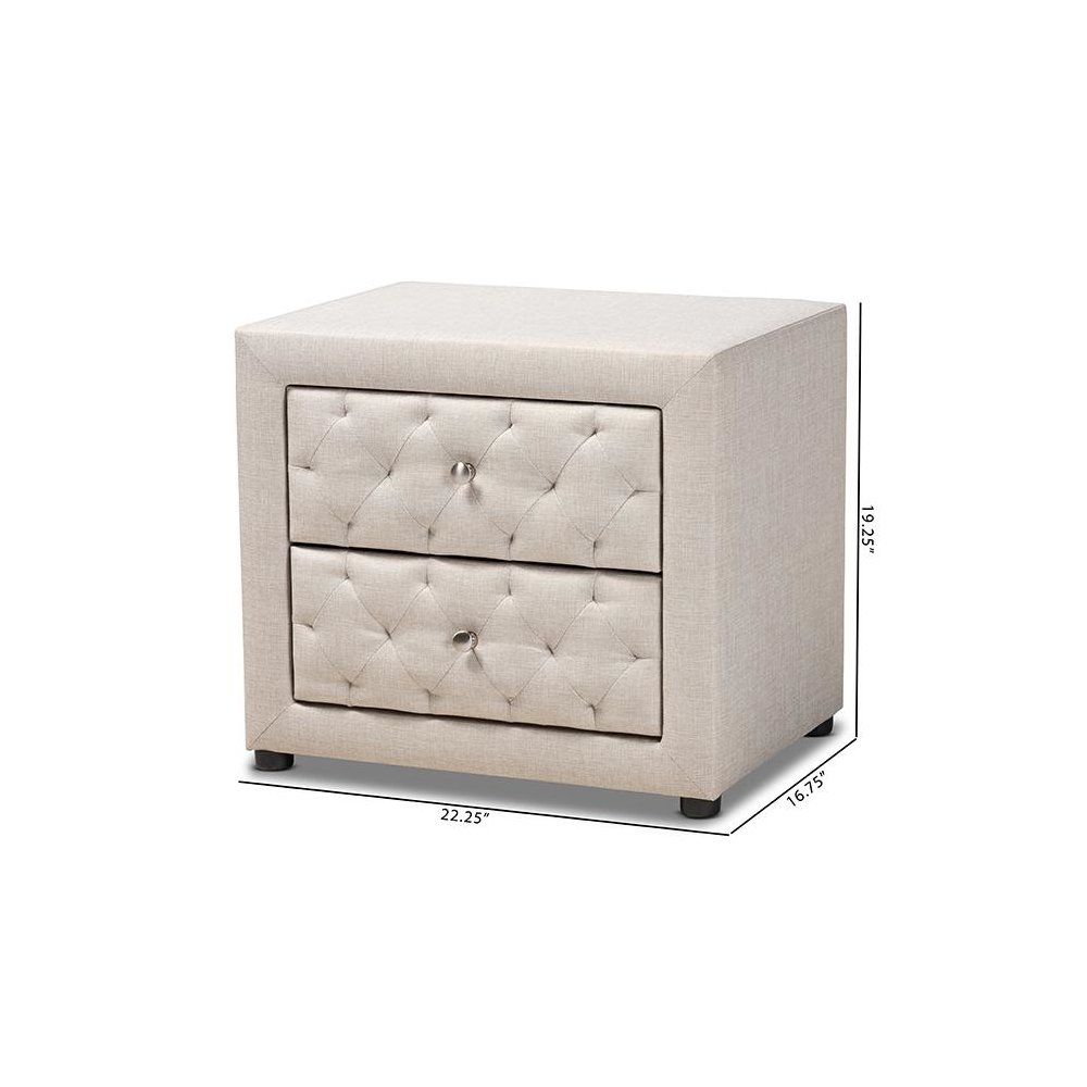 Light Beige Fabric Upholstered 2-Drawer Wood Nightstand. Picture 8