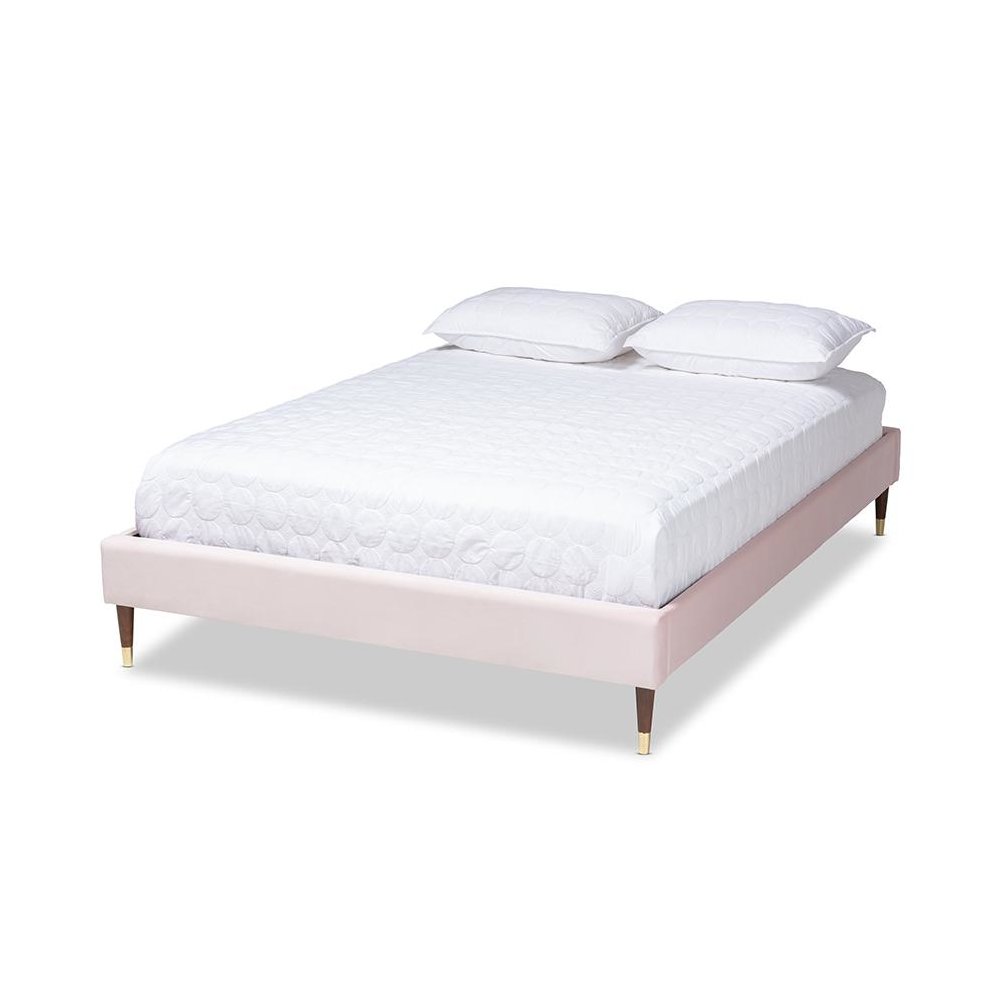Full Size Wood Platform Bed Frame with Gold-Tone Leg Tips. Picture 1