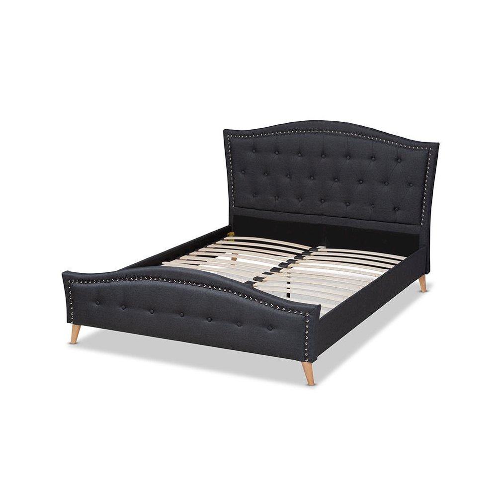 Charcoal Grey Fabric Upholstered and Button Tufted King Size Platform Bed. Picture 3