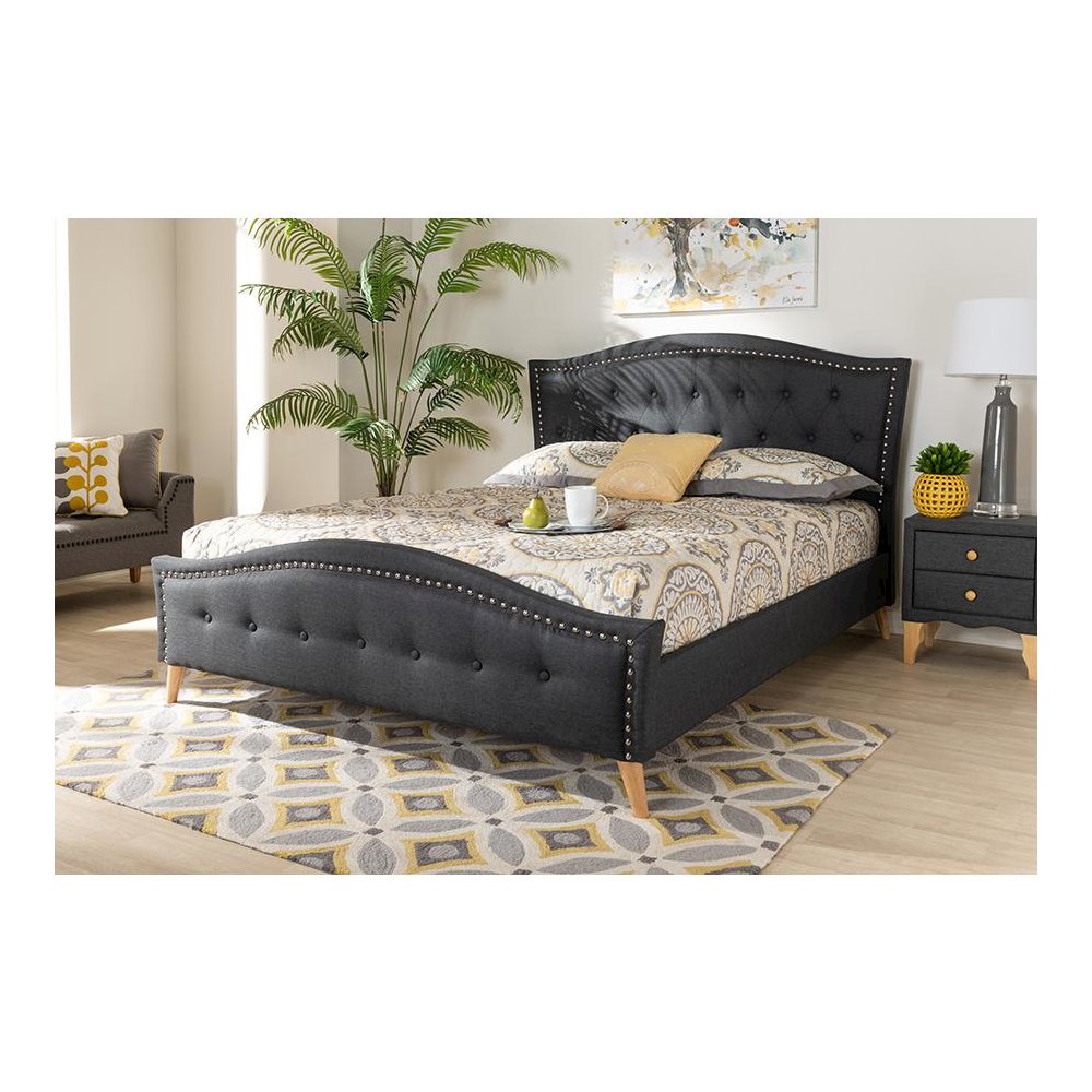 Charcoal Grey Fabric Upholstered and Button Tufted King Size Platform Bed. Picture 6