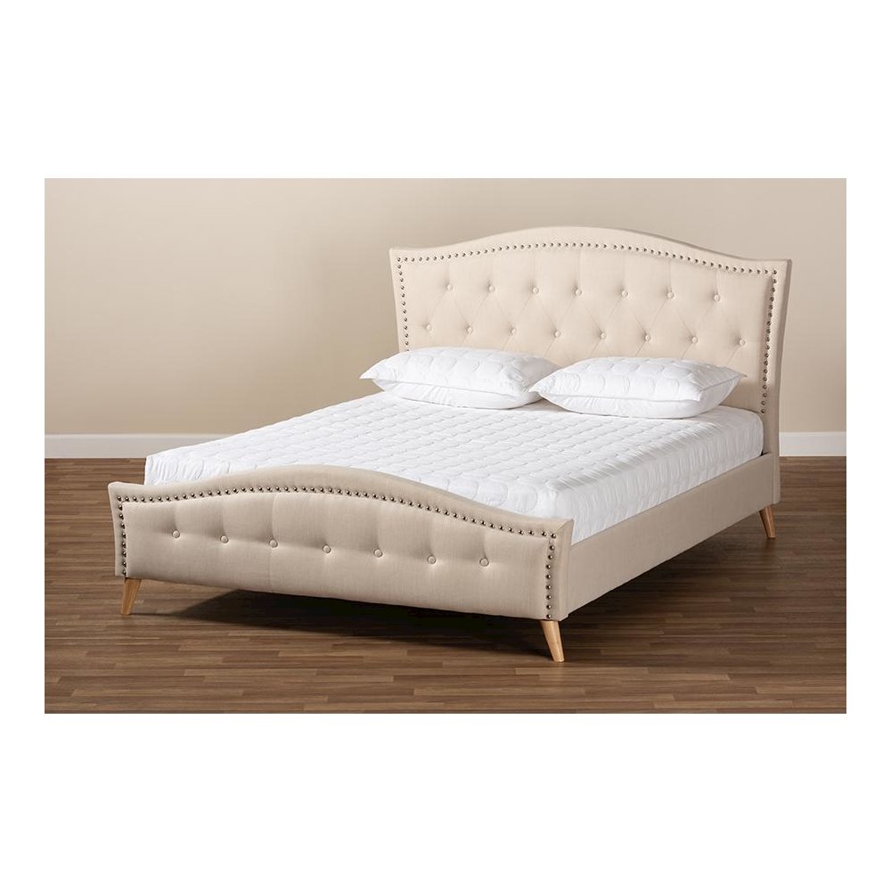 Beige Fabric Upholstered and Button Tufted King Size Platform Bed. Picture 7