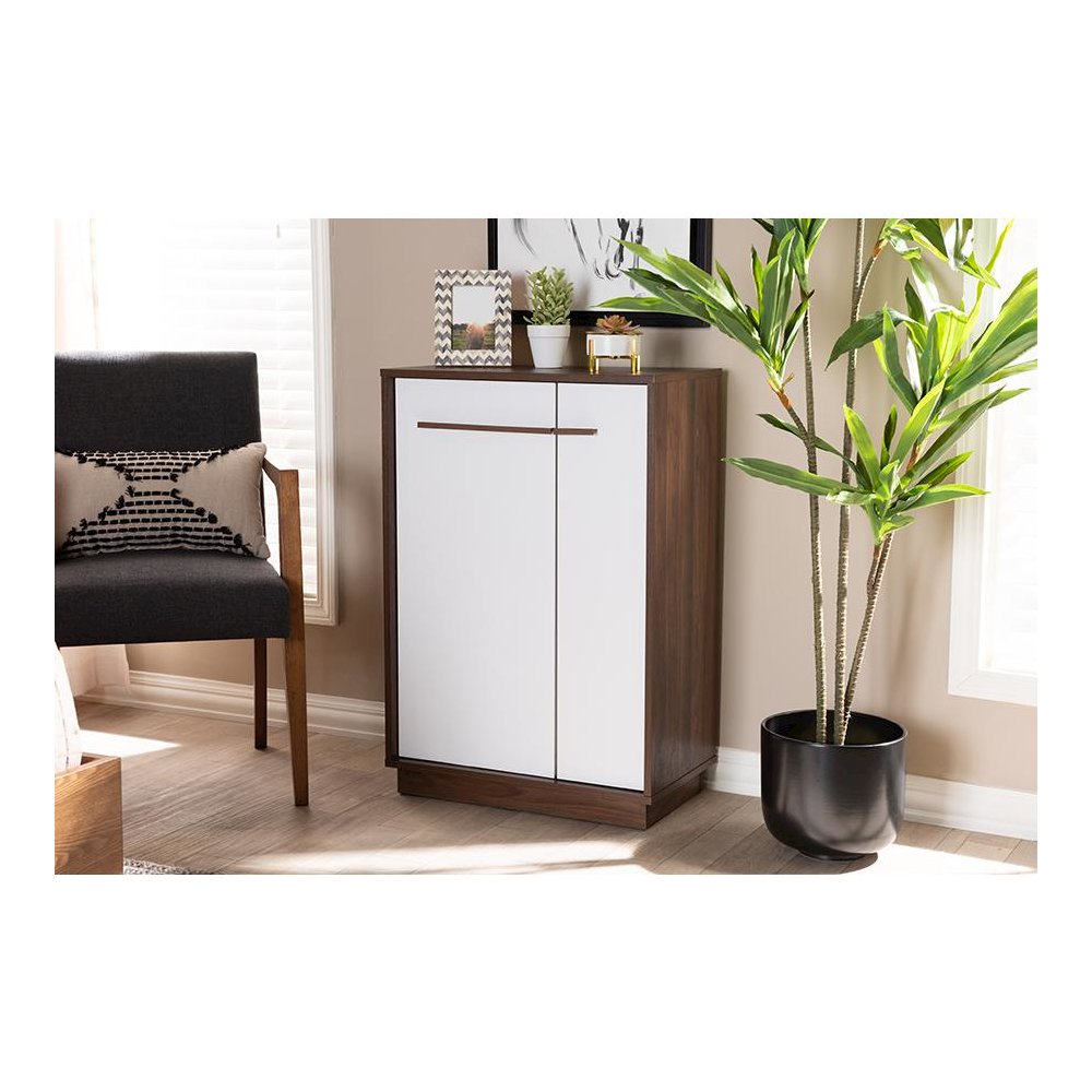 Two-Tone White and Walnut Finished 5-Shelf Wood Entryway Shoe Cabinet. Picture 6