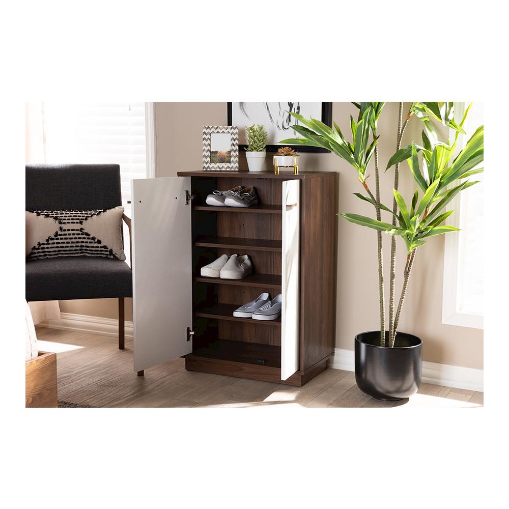 Two-Tone White and Walnut Finished 5-Shelf Wood Entryway Shoe Cabinet. Picture 7
