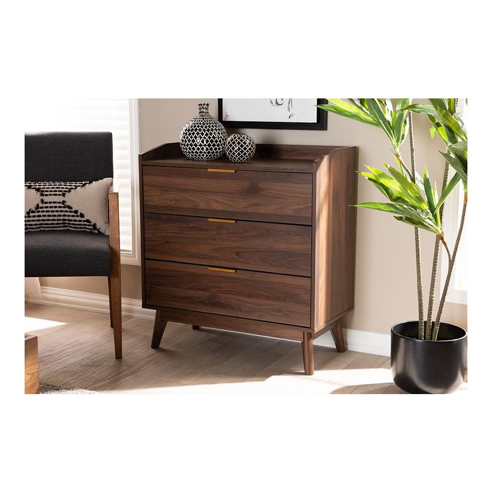 Baxton Studio Lena Mid-Century Modern Walnut Brown Finished 3-Drawer Wood Chest. Picture 7
