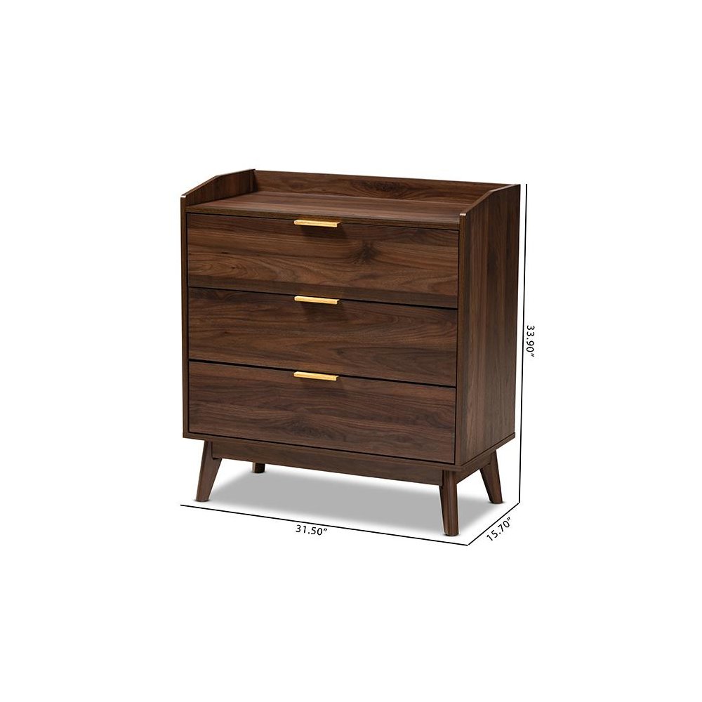 Baxton Studio Lena Mid-Century Modern Walnut Brown Finished 3-Drawer Wood Chest. Picture 9