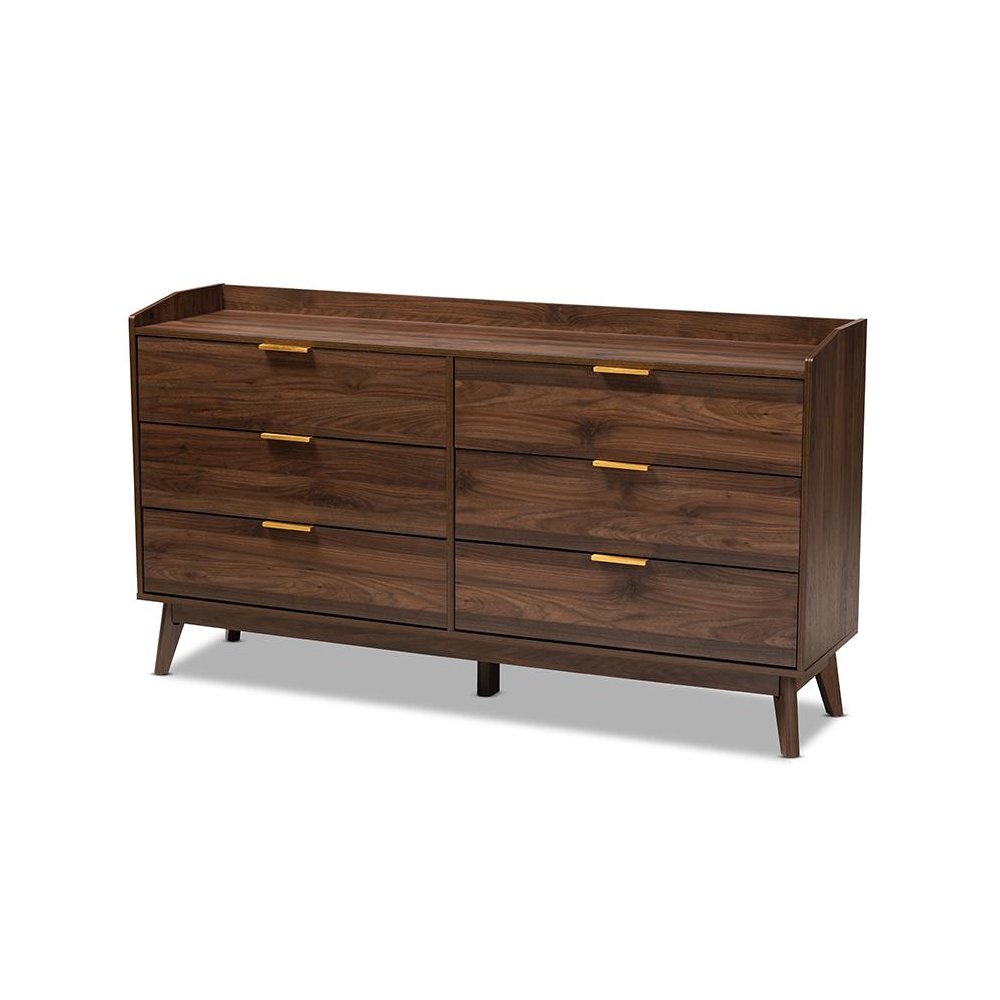 Lena Mid-Century Modern Walnut Brown Finished 6-Drawer Wood Dresser. Picture 1