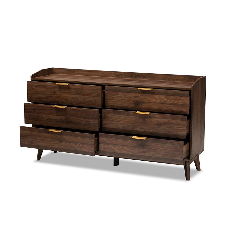 Lena Mid-Century Modern Walnut Brown Finished 6-Drawer Wood Dresser. Picture 2