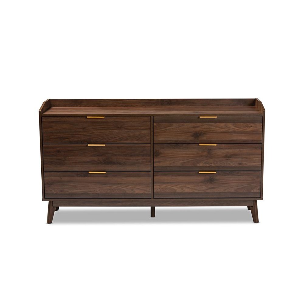Lena Mid-Century Modern Walnut Brown Finished 6-Drawer Wood Dresser. Picture 3
