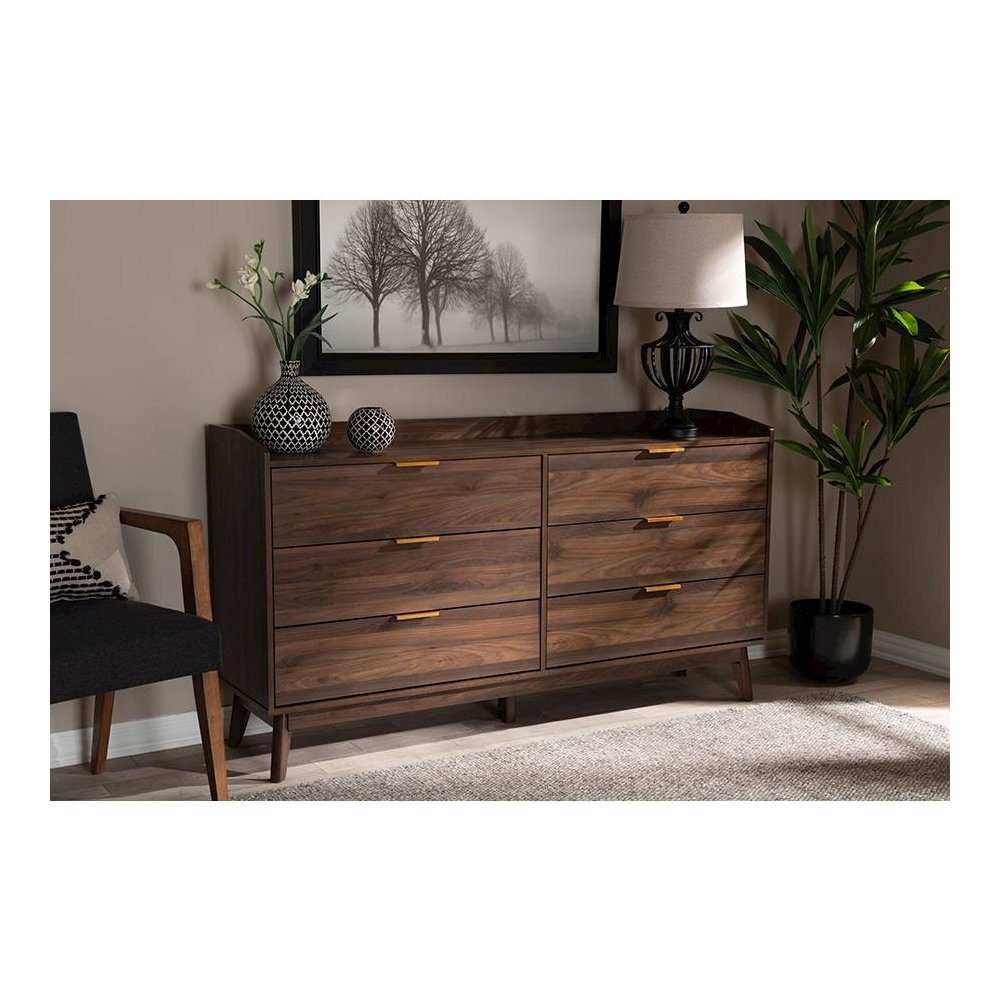 Lena Mid-Century Modern Walnut Brown Finished 6-Drawer Wood Dresser. Picture 7
