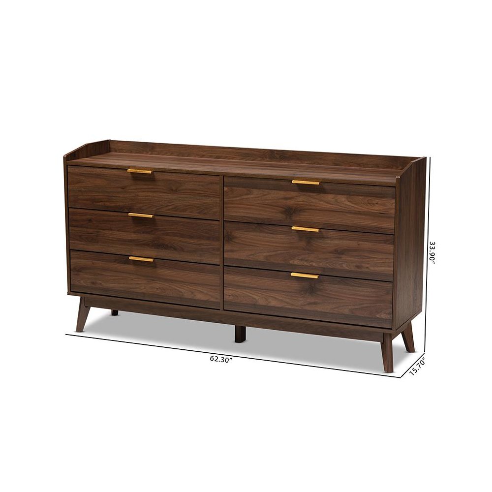 Lena Mid-Century Modern Walnut Brown Finished 6-Drawer Wood Dresser. Picture 9
