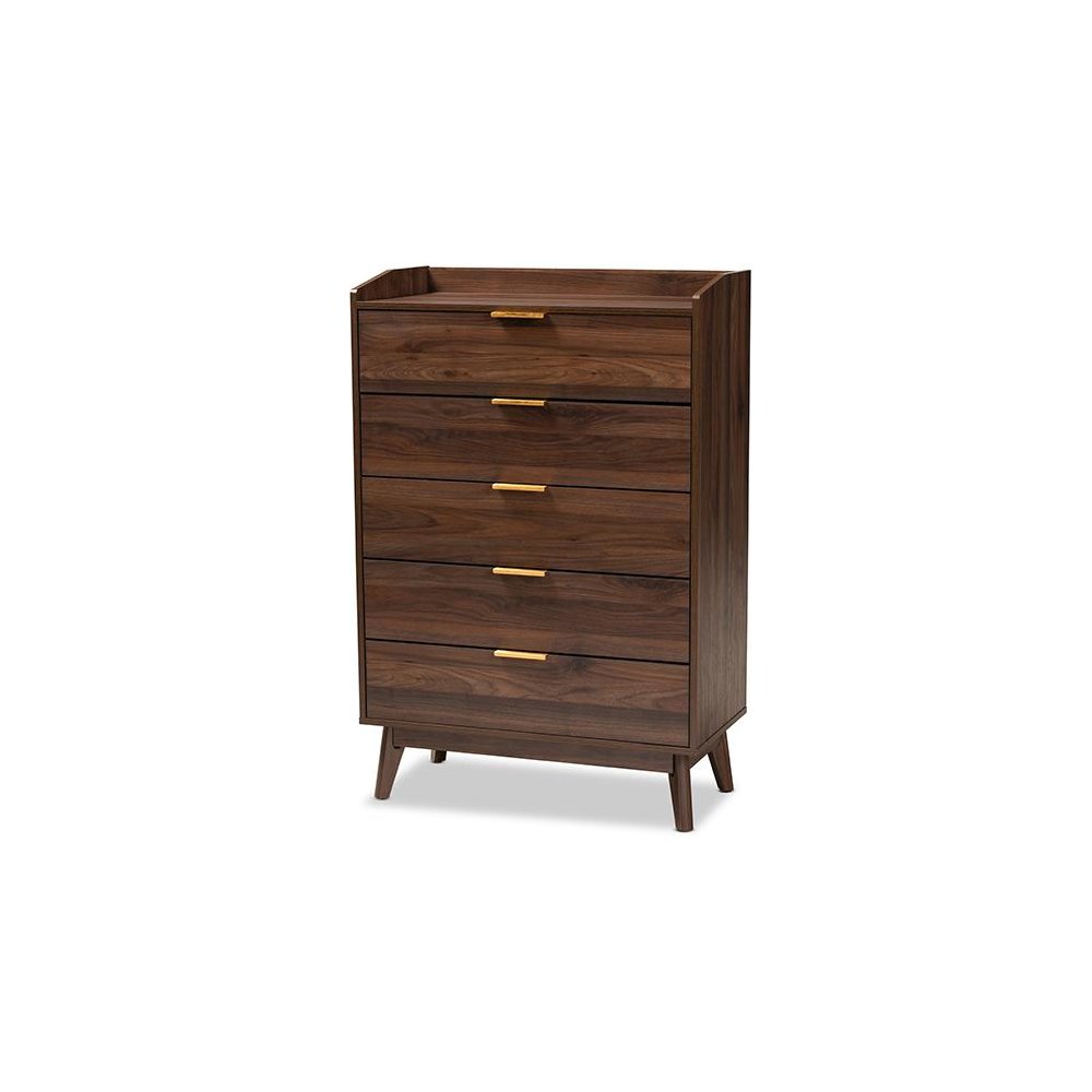 Lena Mid-Century Modern Walnut Brown Finished 5-Drawer Wood Chest. Picture 1