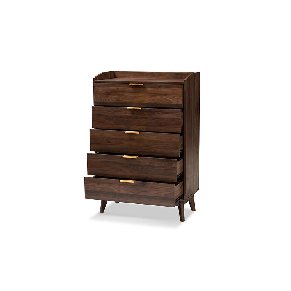 Lena Mid-Century Modern Walnut Brown Finished 5-Drawer Wood Chest. Picture 2
