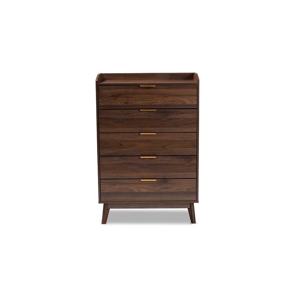Lena Mid-Century Modern Walnut Brown Finished 5-Drawer Wood Chest. Picture 3