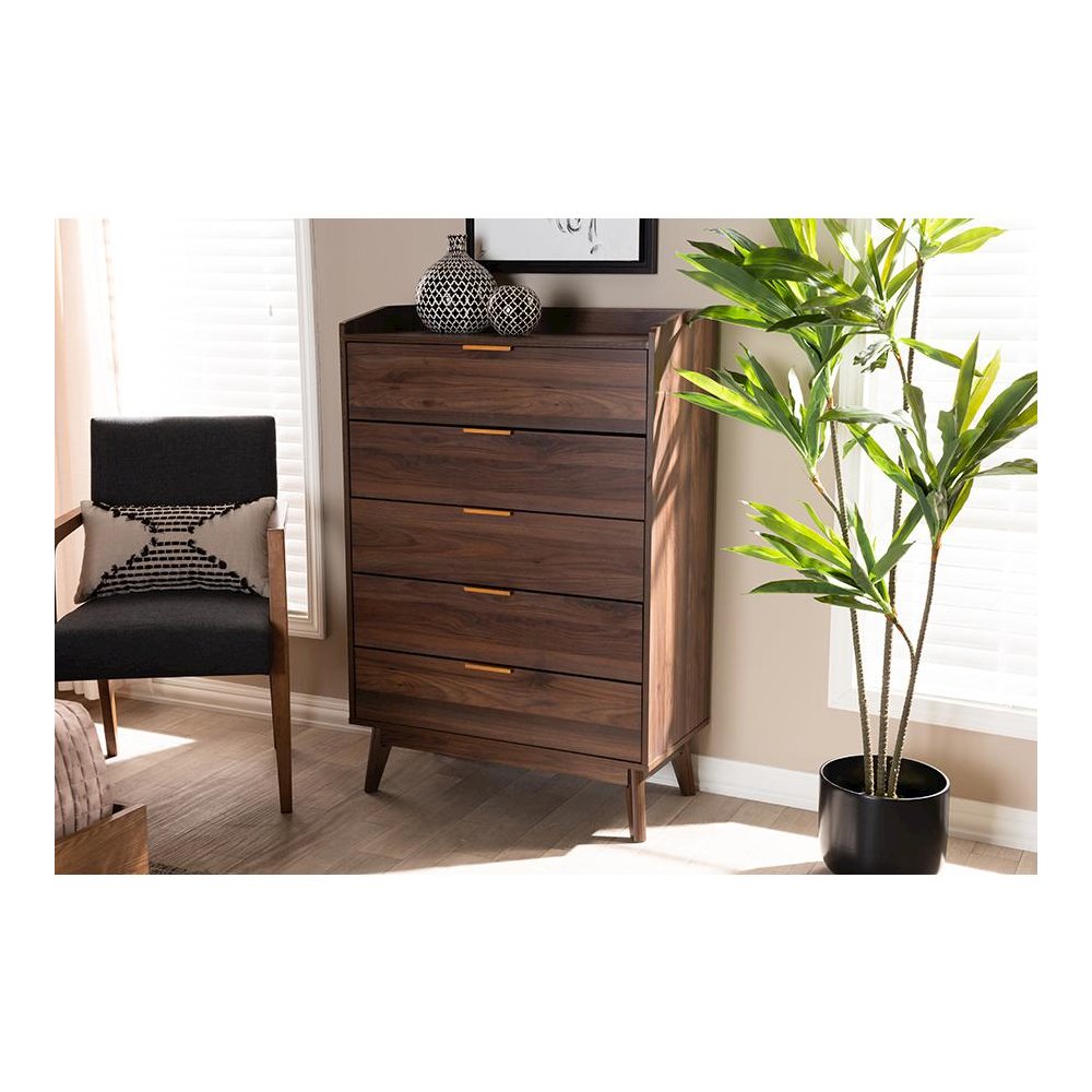 Lena Mid-Century Modern Walnut Brown Finished 5-Drawer Wood Chest. Picture 7