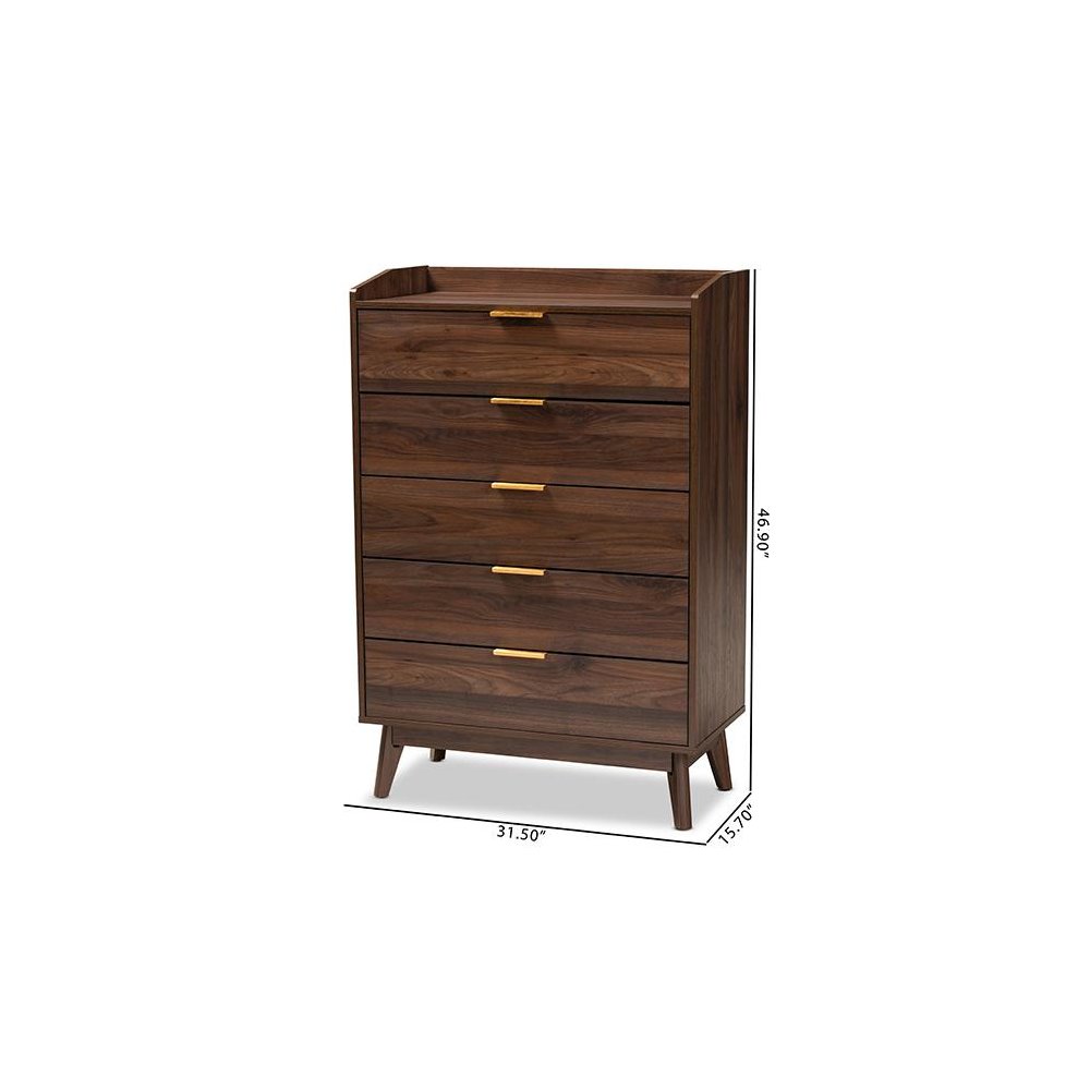 Lena Mid-Century Modern Walnut Brown Finished 5-Drawer Wood Chest. Picture 9