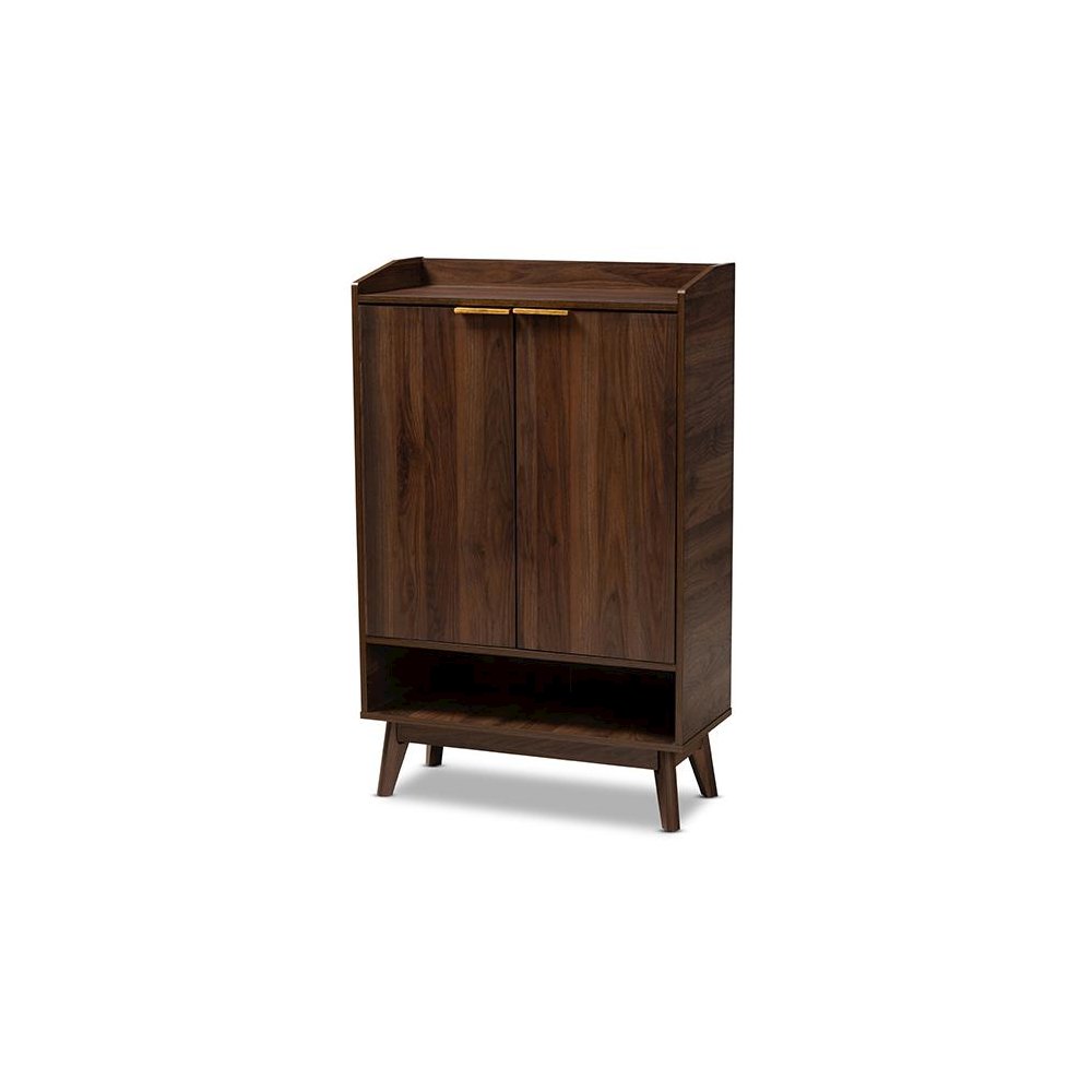 Lena Mid-Century Modern Walnut Brown Finished 5-Shelf Wood Entryway Shoe Cabinet. Picture 1