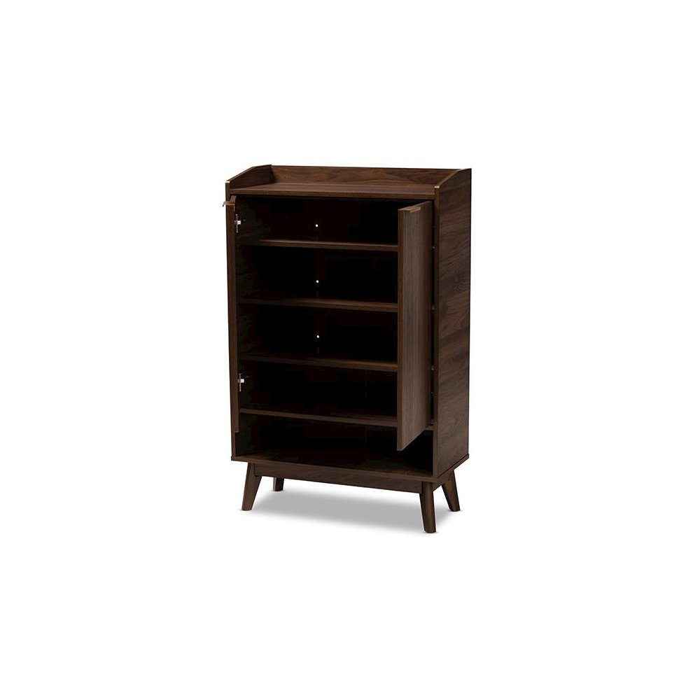 Lena Mid-Century Modern Walnut Brown Finished 5-Shelf Wood Entryway Shoe Cabinet. Picture 2