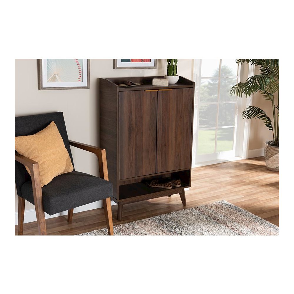 Lena Mid-Century Modern Walnut Brown Finished 5-Shelf Wood Entryway Shoe Cabinet. Picture 7