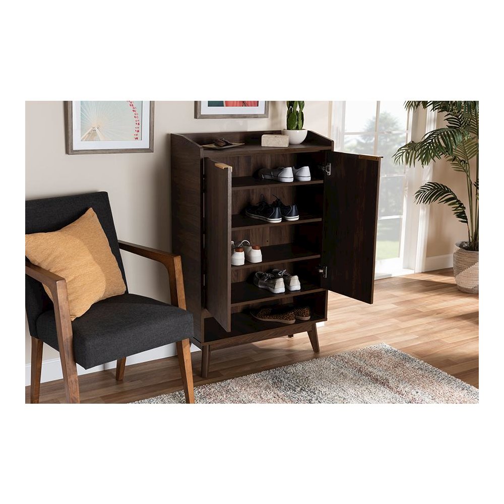 Lena Mid-Century Modern Walnut Brown Finished 5-Shelf Wood Entryway Shoe Cabinet. Picture 8