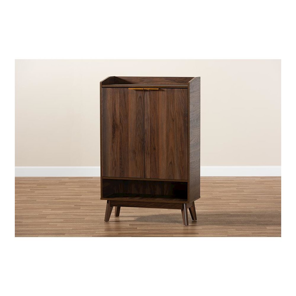Lena Mid-Century Modern Walnut Brown Finished 5-Shelf Wood Entryway Shoe Cabinet. Picture 9