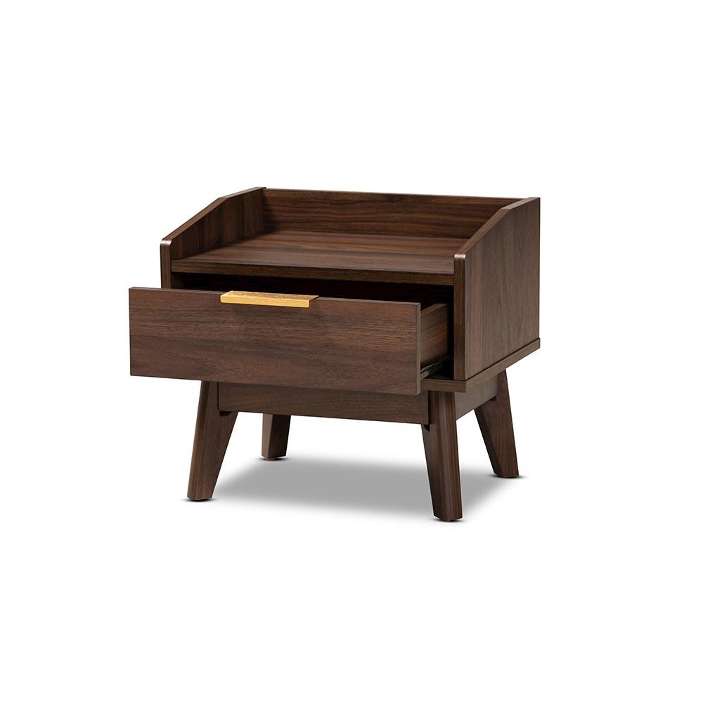 Lena Mid-Century Modern Walnut Brown Finished 1-Drawer Wood Nightstand. Picture 2