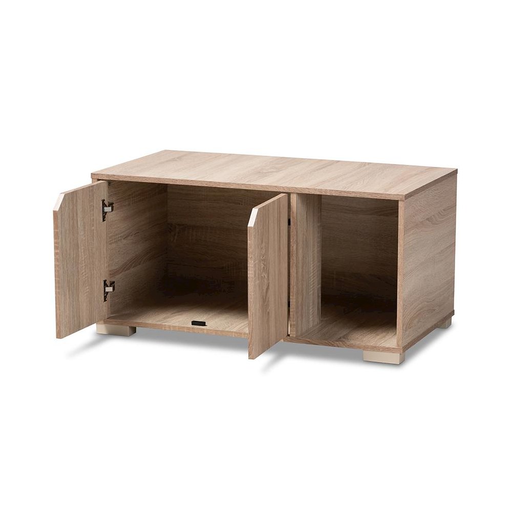 Oak Finished 2-Door Wood Cat Litter Box Cover House. Picture 2