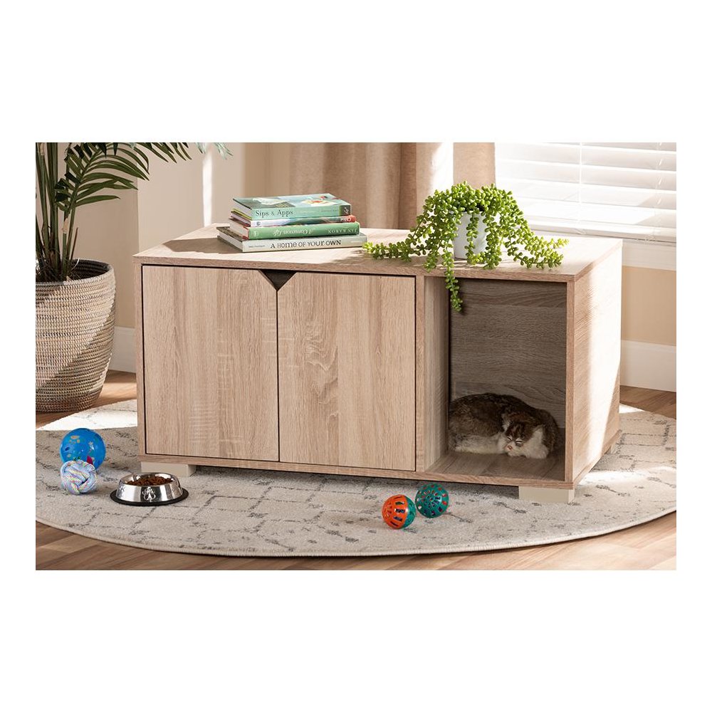 Oak Finished 2-Door Wood Cat Litter Box Cover House. Picture 7