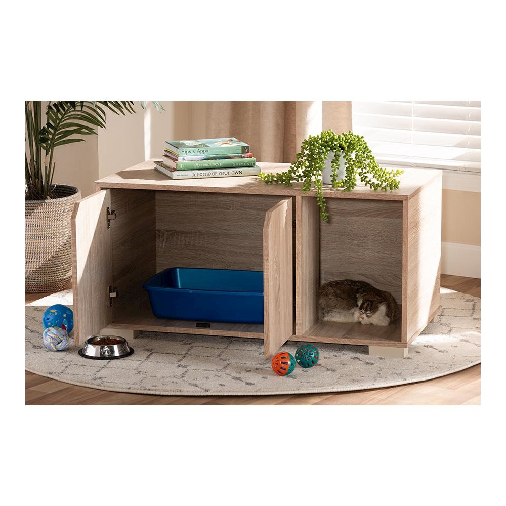 Oak Finished 2-Door Wood Cat Litter Box Cover House. Picture 8